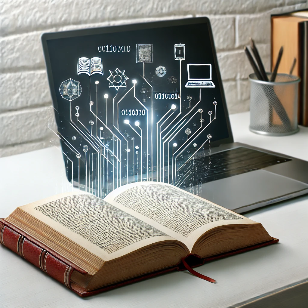 Imagem de um livro com um computador